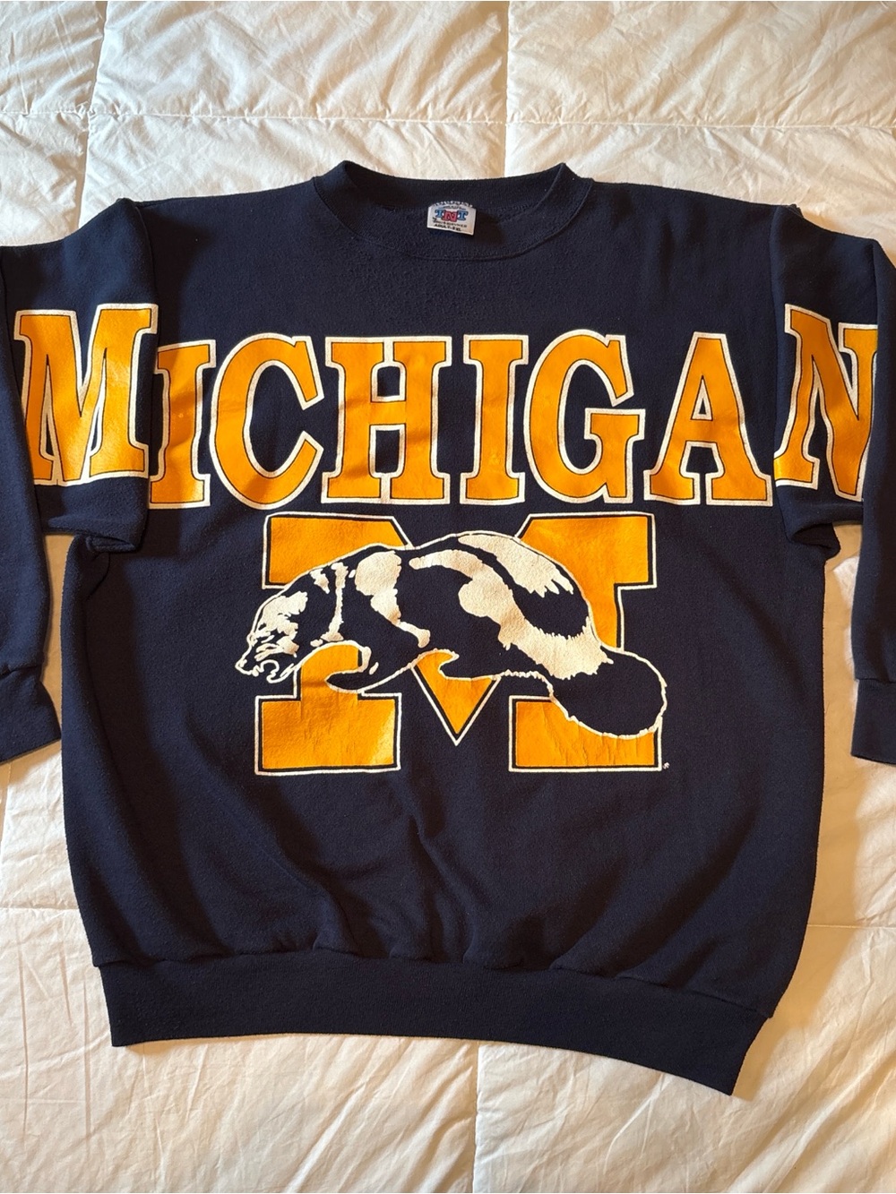 Trau & Loevner Navy Crewneck with Bold Yellow Lettering